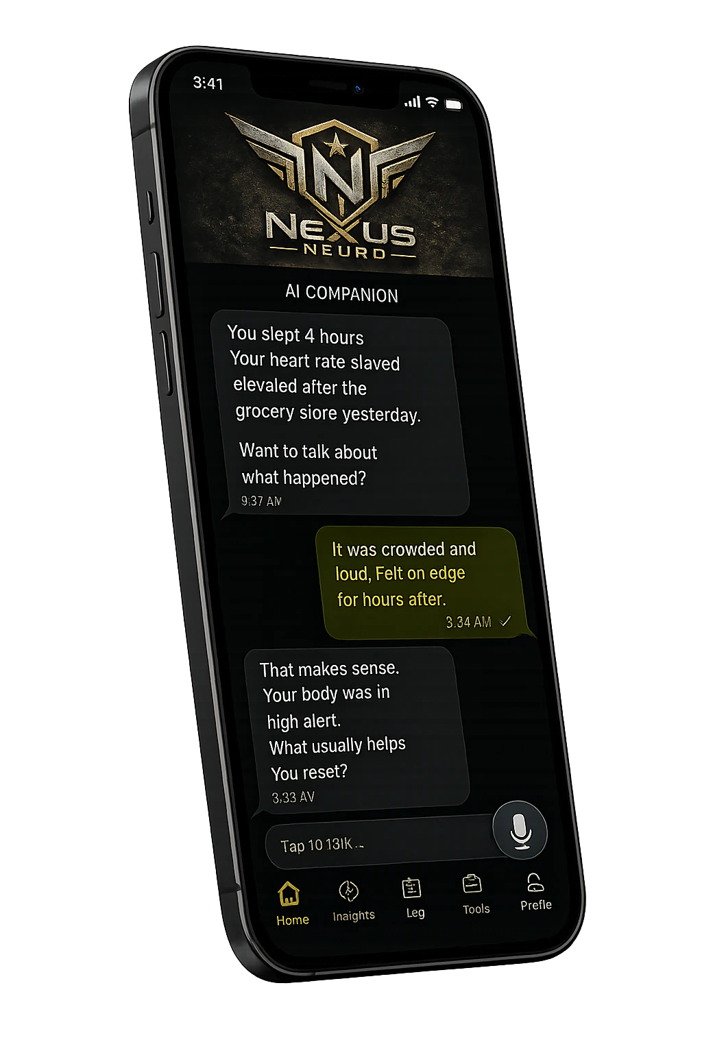 NeXus Aegis on a phone showing today's check-in and biometric summary
